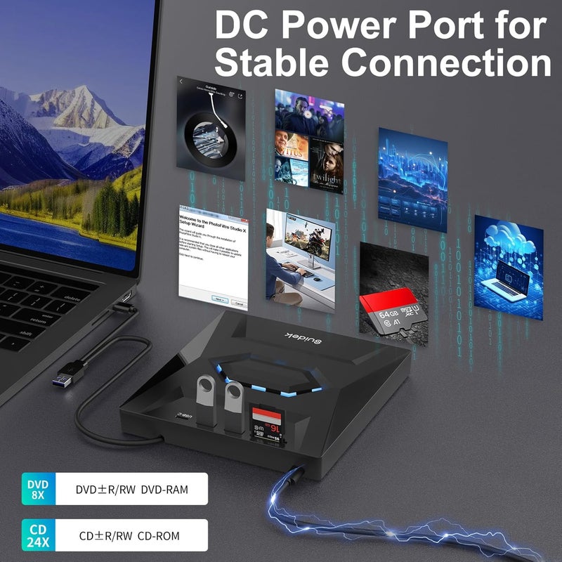 SUIDEK External CD DVD Drive for Laptop, USB C Portable CD/DVD +/-RW Burner DVD Player with SD Card Reader USB 3.0 Type C Hub Compatible with Laptop PC Windows Linux - Image 5